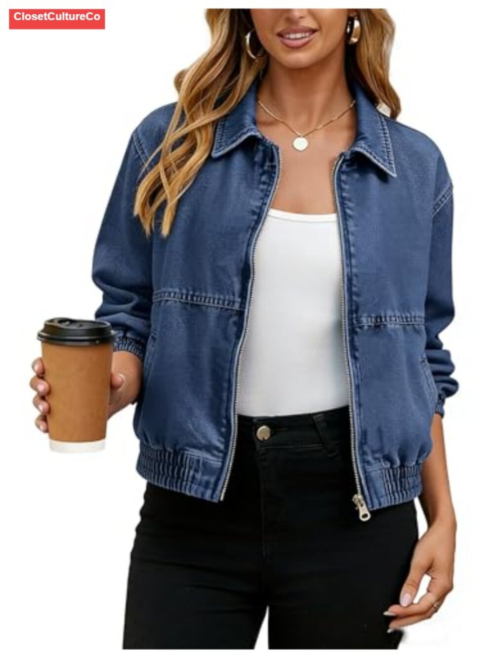 Cropped Zip Up Denim Bomber Jacket Loose Fit Elastic Hem Long Sleeve Casual